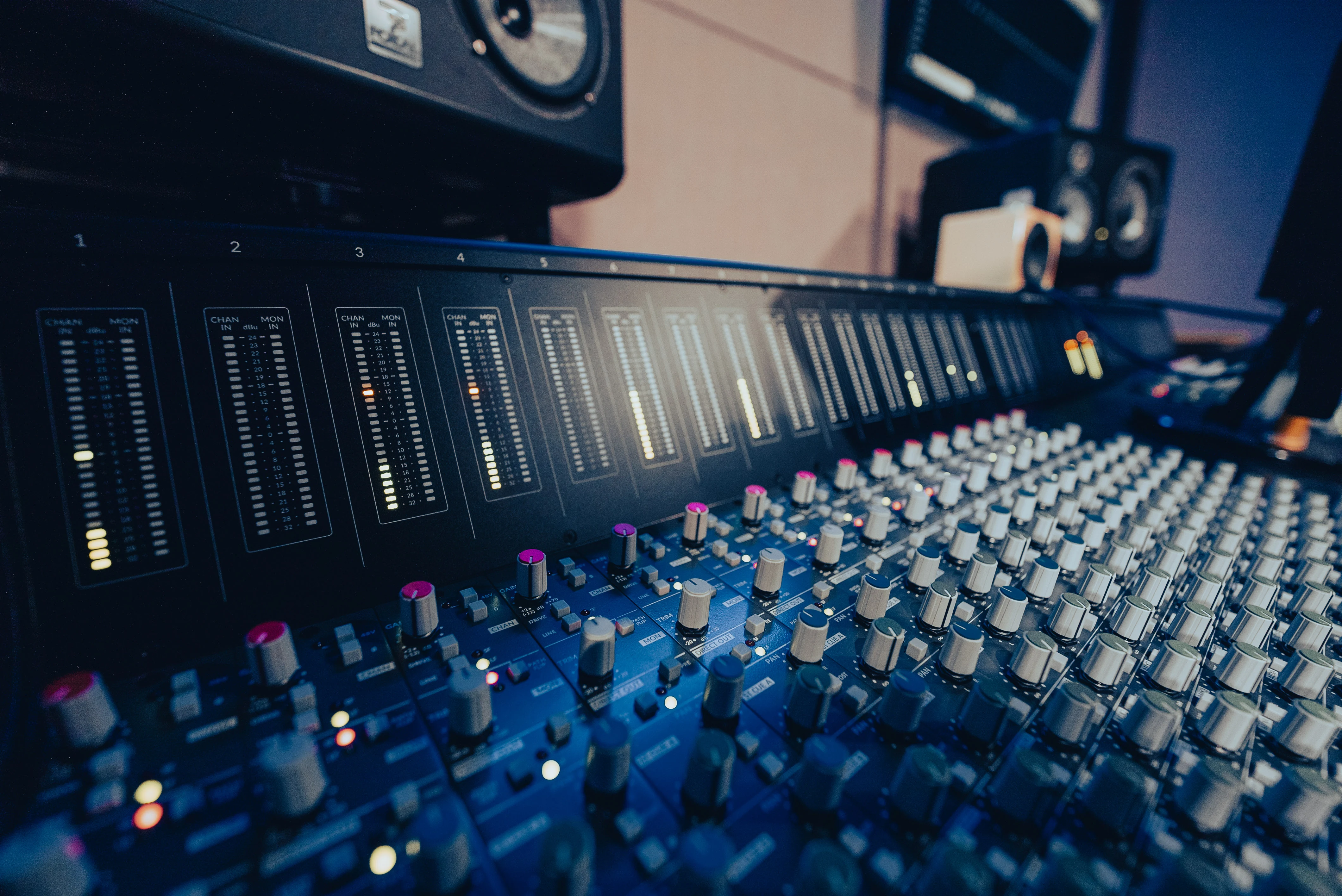 Close-up of the SSL Origin recording console at Fat Cat Recording